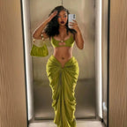 Solid Olive Green Bandeau Swim Set with Draped Maxi Skirt Cover-Up