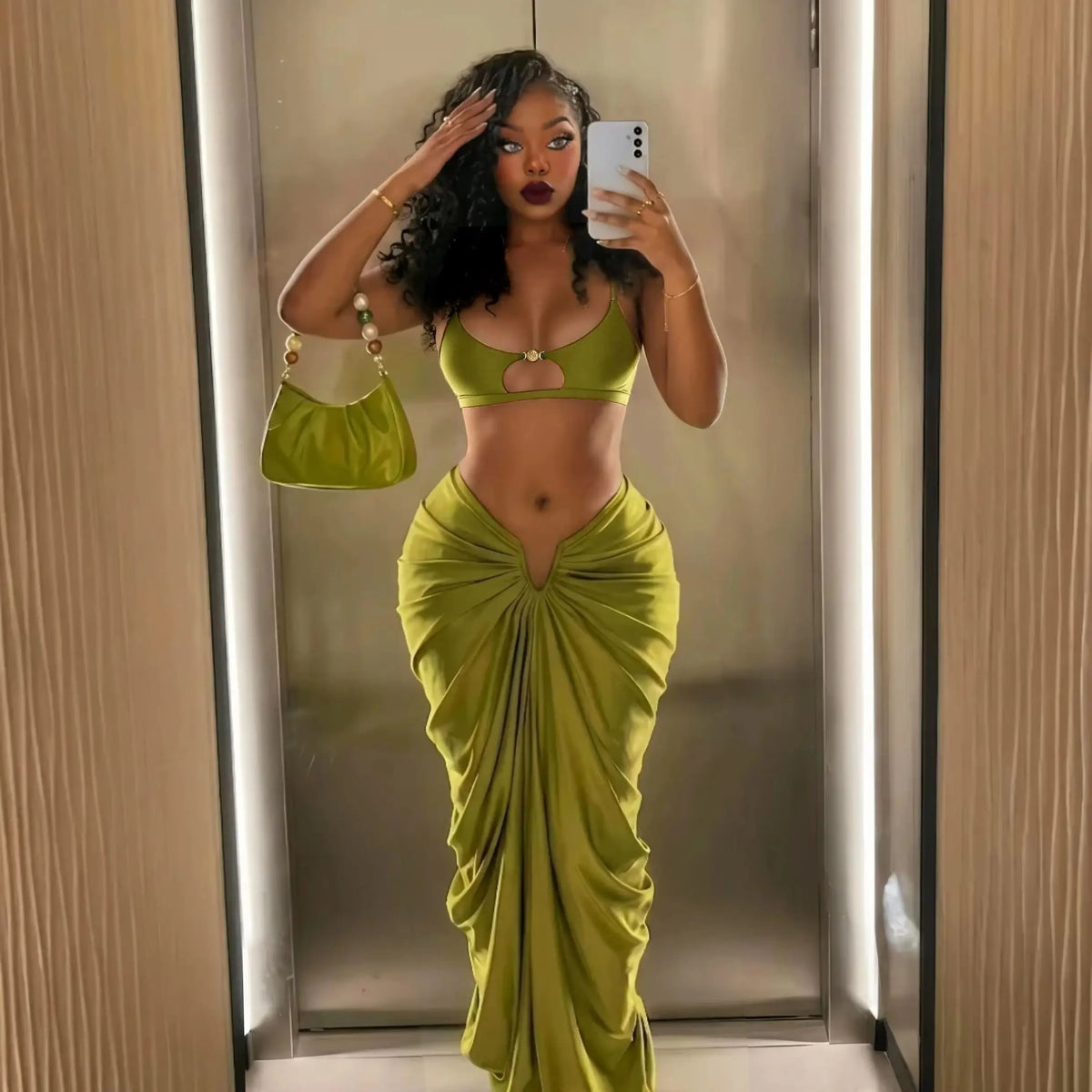 Solid Olive Green Bandeau Swim Set with Draped Maxi Skirt Cover-Up