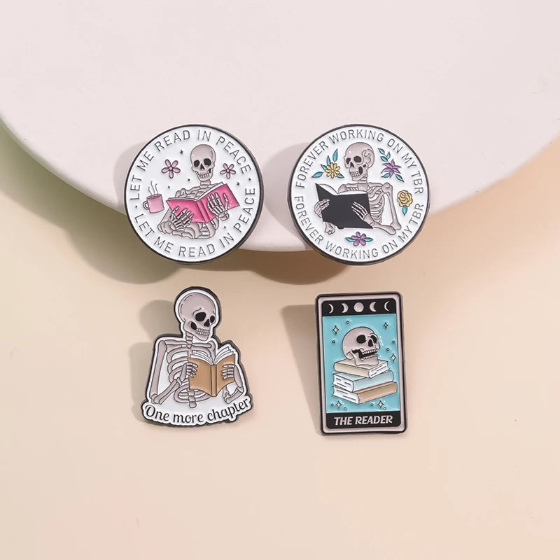 Stay Weird Skeleton Reader Gothic Enamel Pin for Alternative Fashion Styling