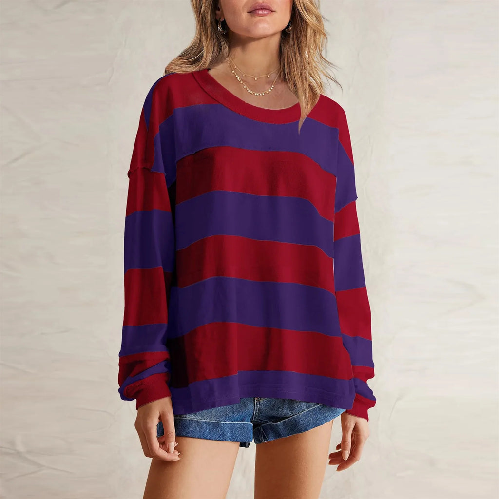 Women's Relaxed Striped Knit Pullover with Long Sleeves for Casual Everyday Streetwear Style