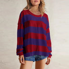 Women's Relaxed Striped Knit Pullover with Long Sleeves for Casual Everyday Streetwear Style
