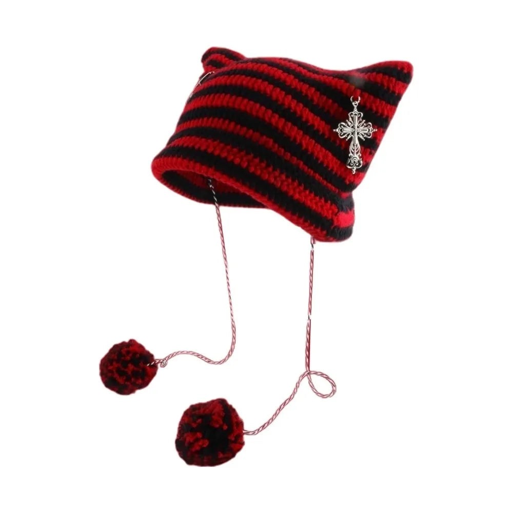 Striped Pointed Knit Beanie with Ear Accents for Playful Streetwear Winter Fashion Style