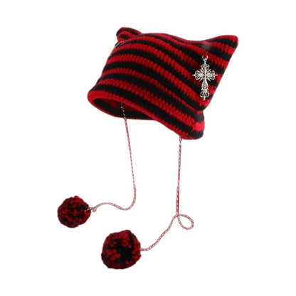 Striped Pointed Knit Beanie with Ear Accents for Playful Streetwear Winter Fashion Style