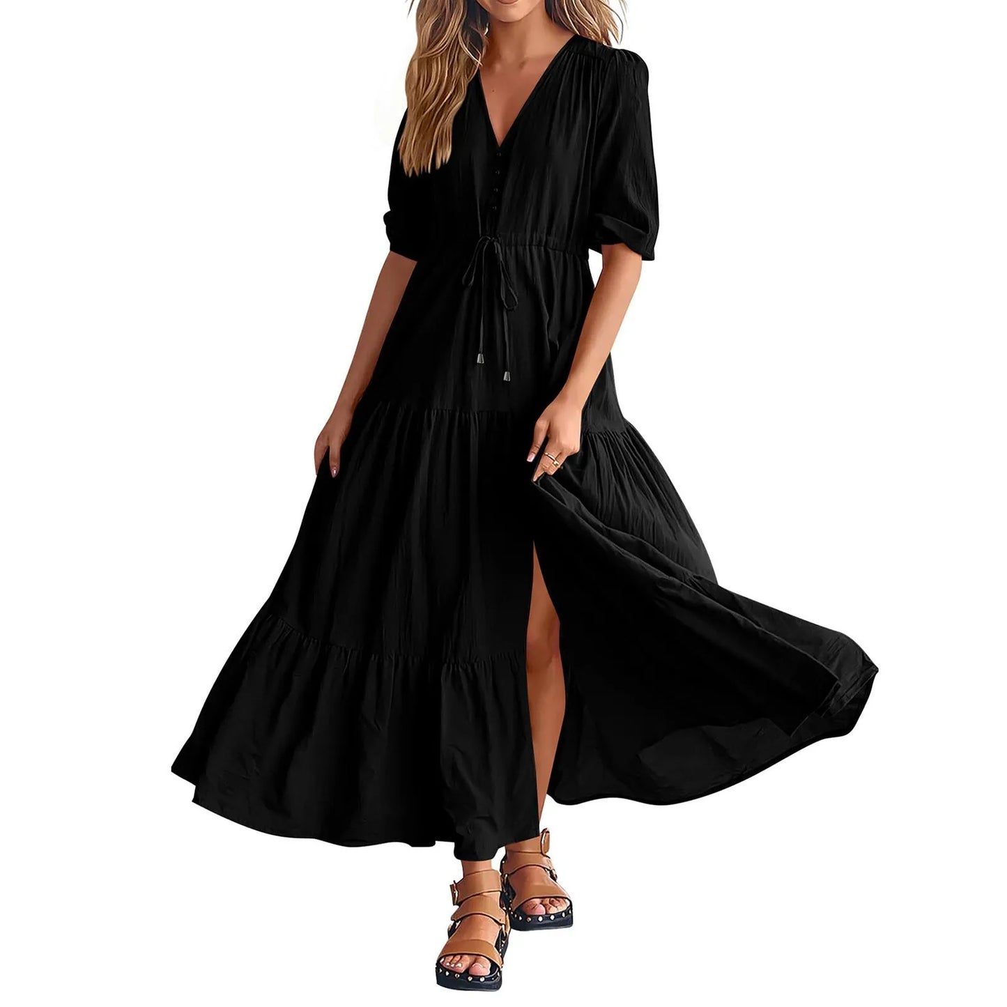 Tiered Drawstring Maxi Dress with Relaxed Flowing Contemporary Silhouette