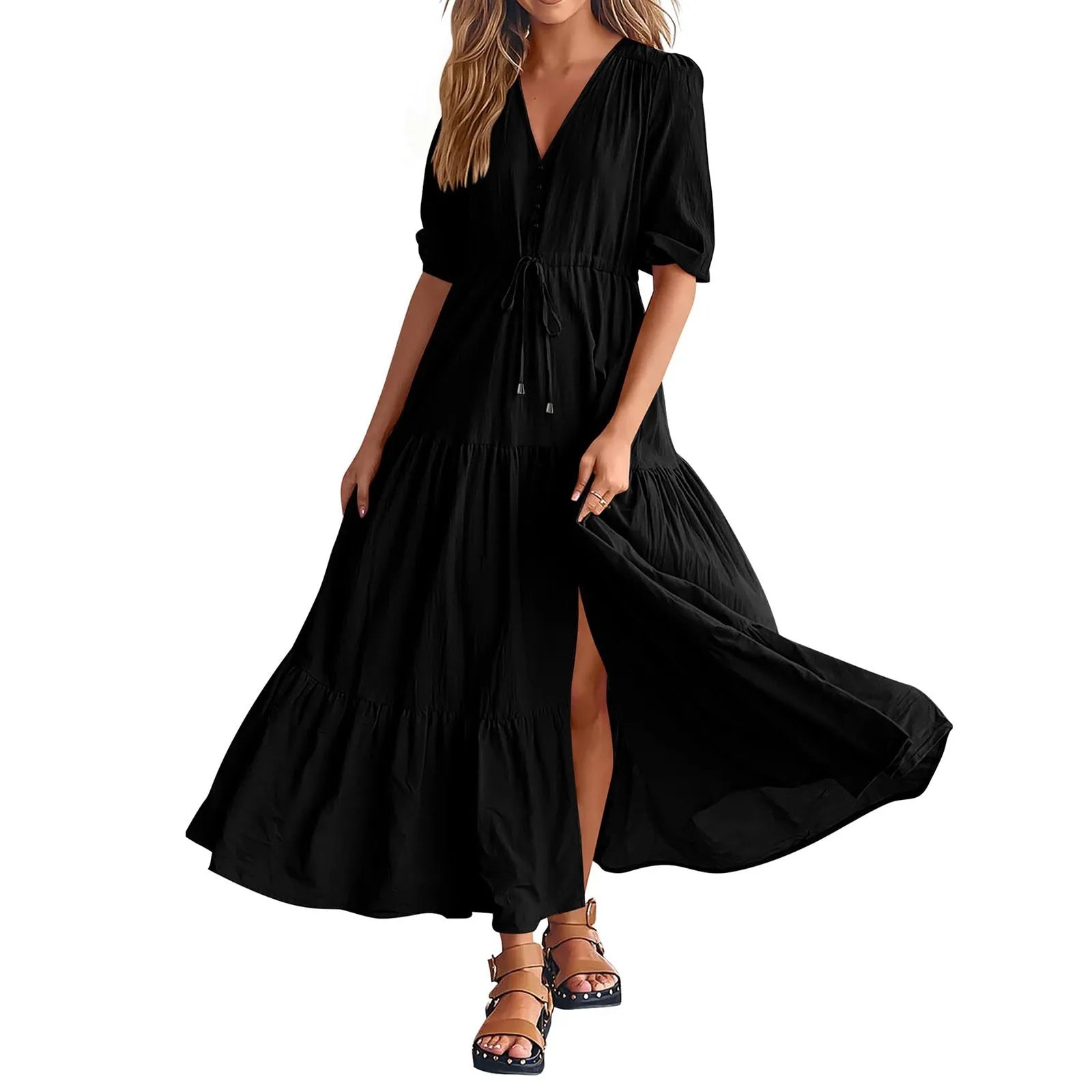 Tiered Drawstring Maxi Dress with Relaxed Flowing Contemporary Silhouette