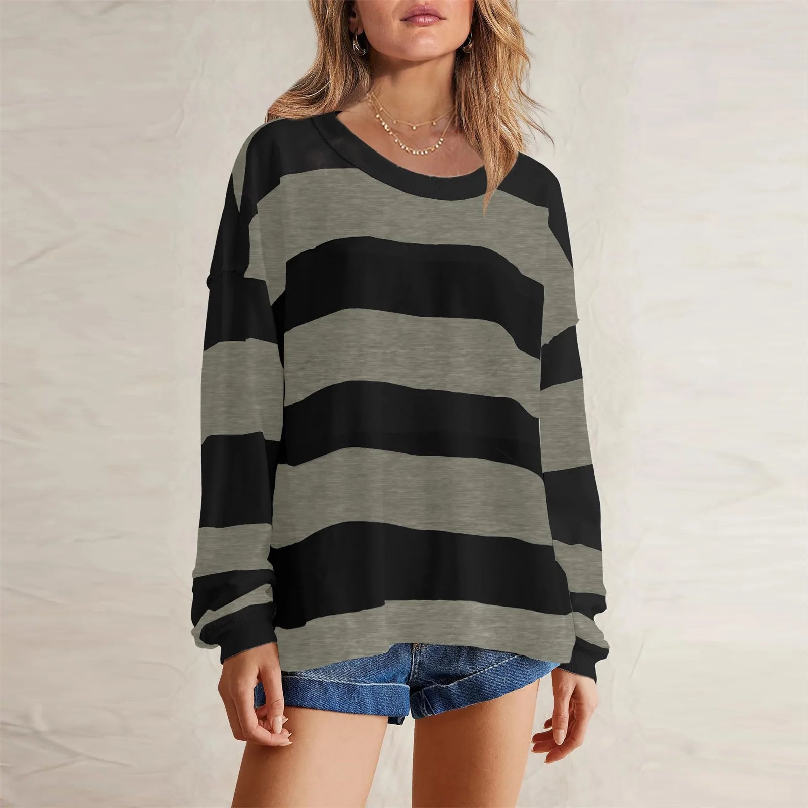 Women's Relaxed Striped Knit Pullover with Long Sleeves for Casual Everyday Streetwear Style
