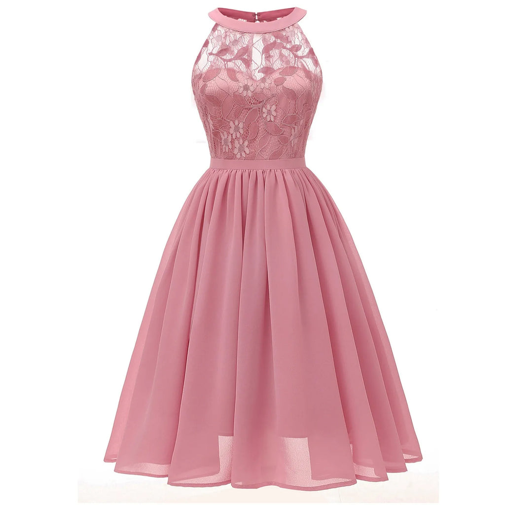 Sleeveless A-Line Chiffon-Style Dress with Lace Halter Bodice
