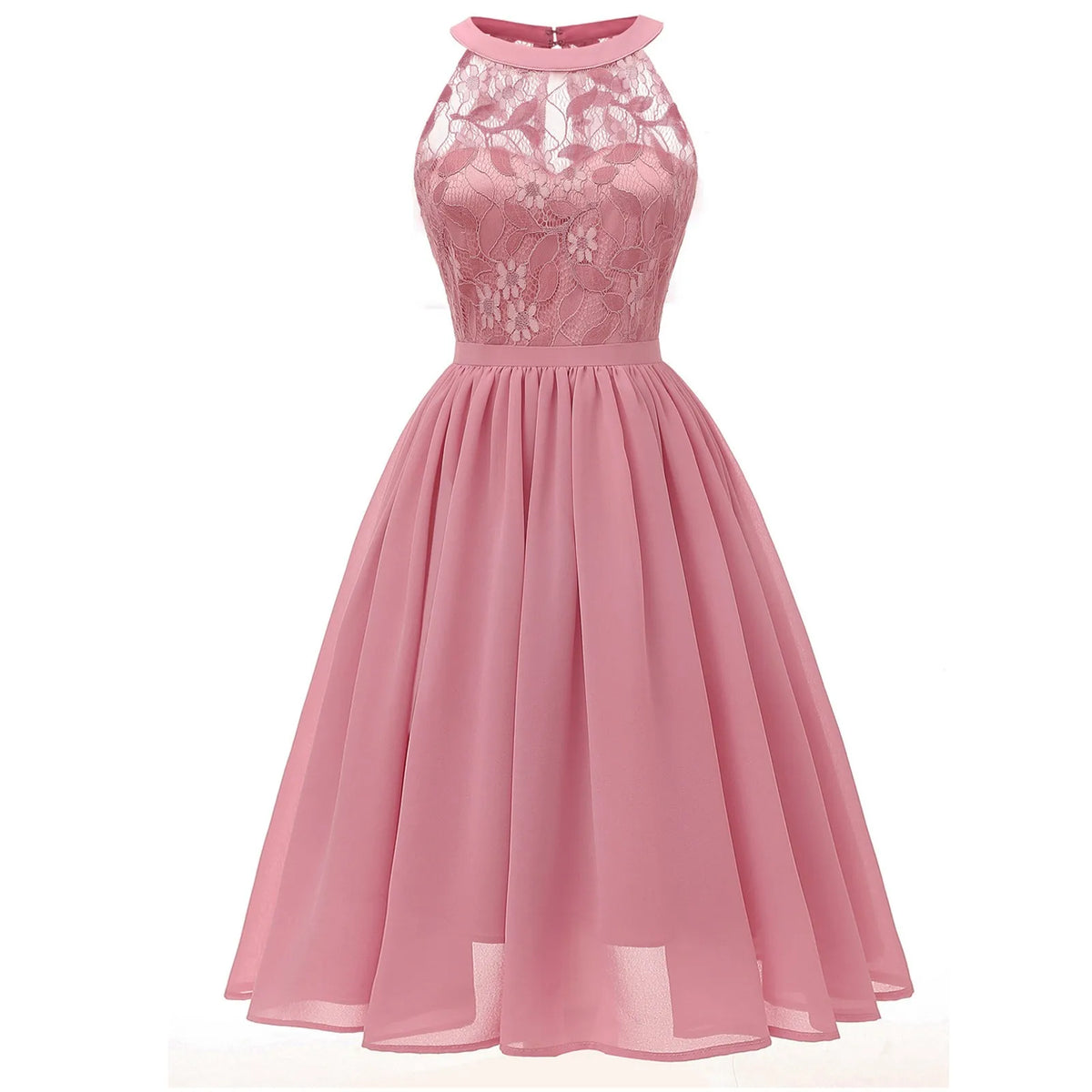 Sleeveless A-Line Chiffon-Style Dress with Lace Halter Bodice