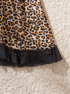 Leopard Print A-Line Slip Nightdress with Black Lace Trim and Ruffled Hem