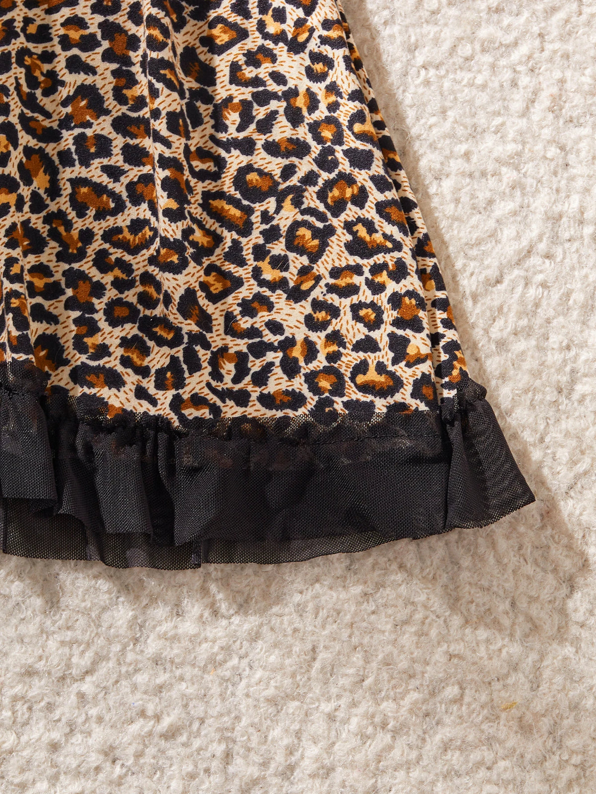 Leopard Print A-Line Slip Nightdress with Black Lace Trim and Ruffled Hem