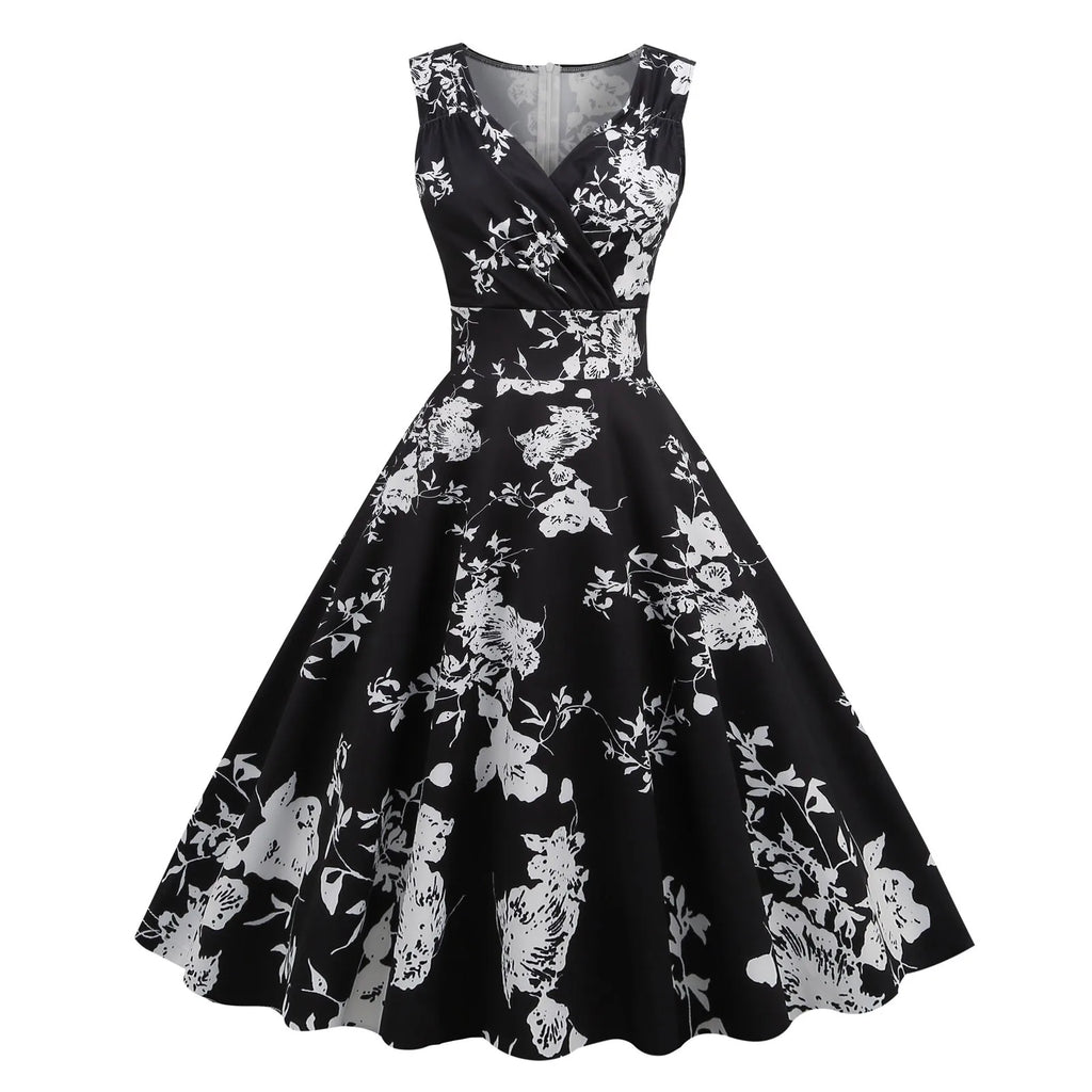 Vintage Floral Print Sleeveless Alternative Swing Midi Dress