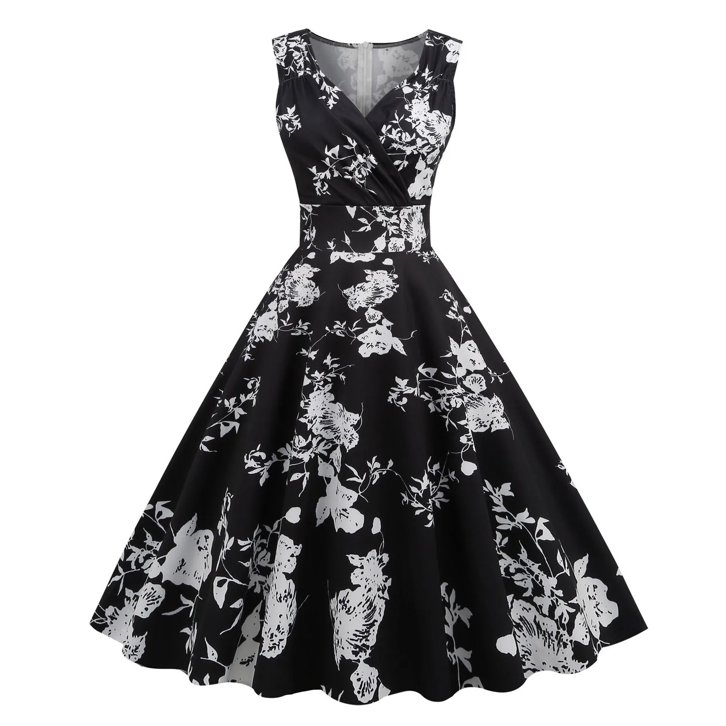 Vintage Floral Print Sleeveless Alternative Swing Midi Dress
