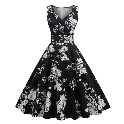 Vintage Floral Print Sleeveless Alternative Swing Midi Dress