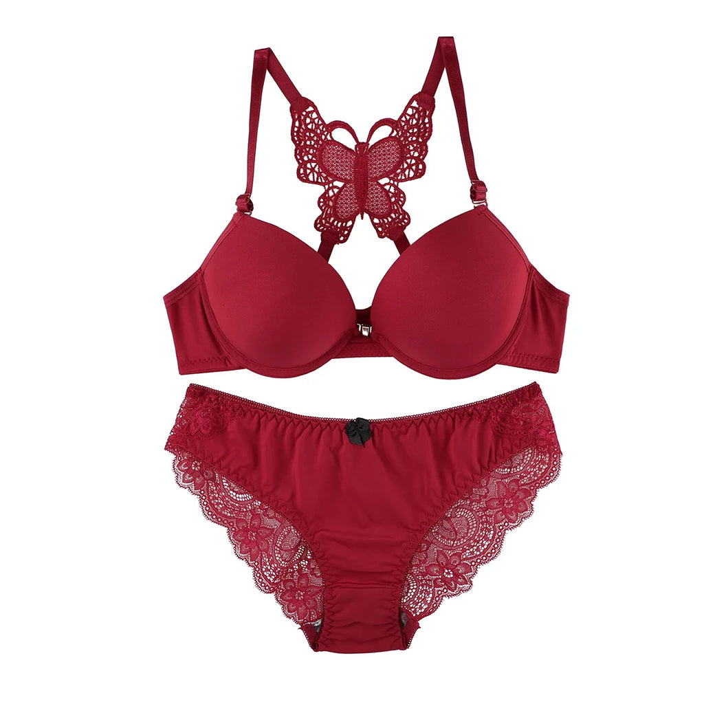 Romantic Red Lace-Detail Lingerie Set with Front-Closure Push-Up Bra and Matching Butterfly-Back Brief