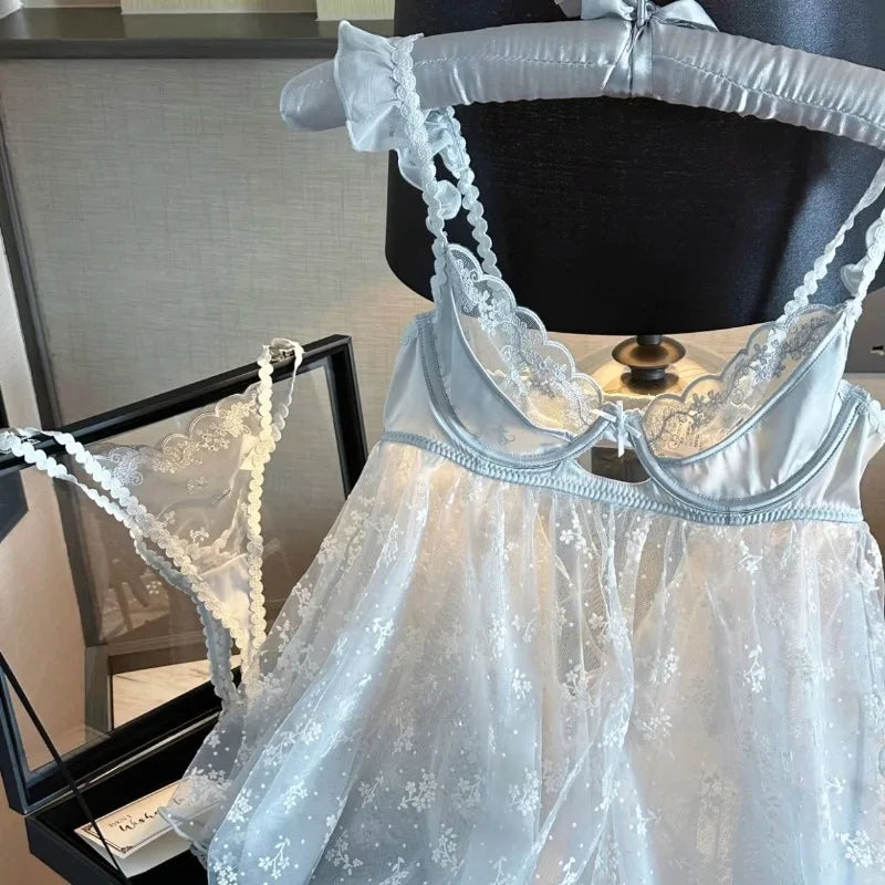 Icy Blue Sheer Floral Embroidered Babydoll Set with Ruffled Straps