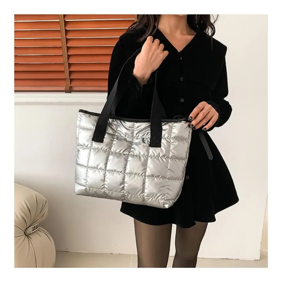 Quilted Puffer Tote Shoulder Bag with Zip Closure for Everyday