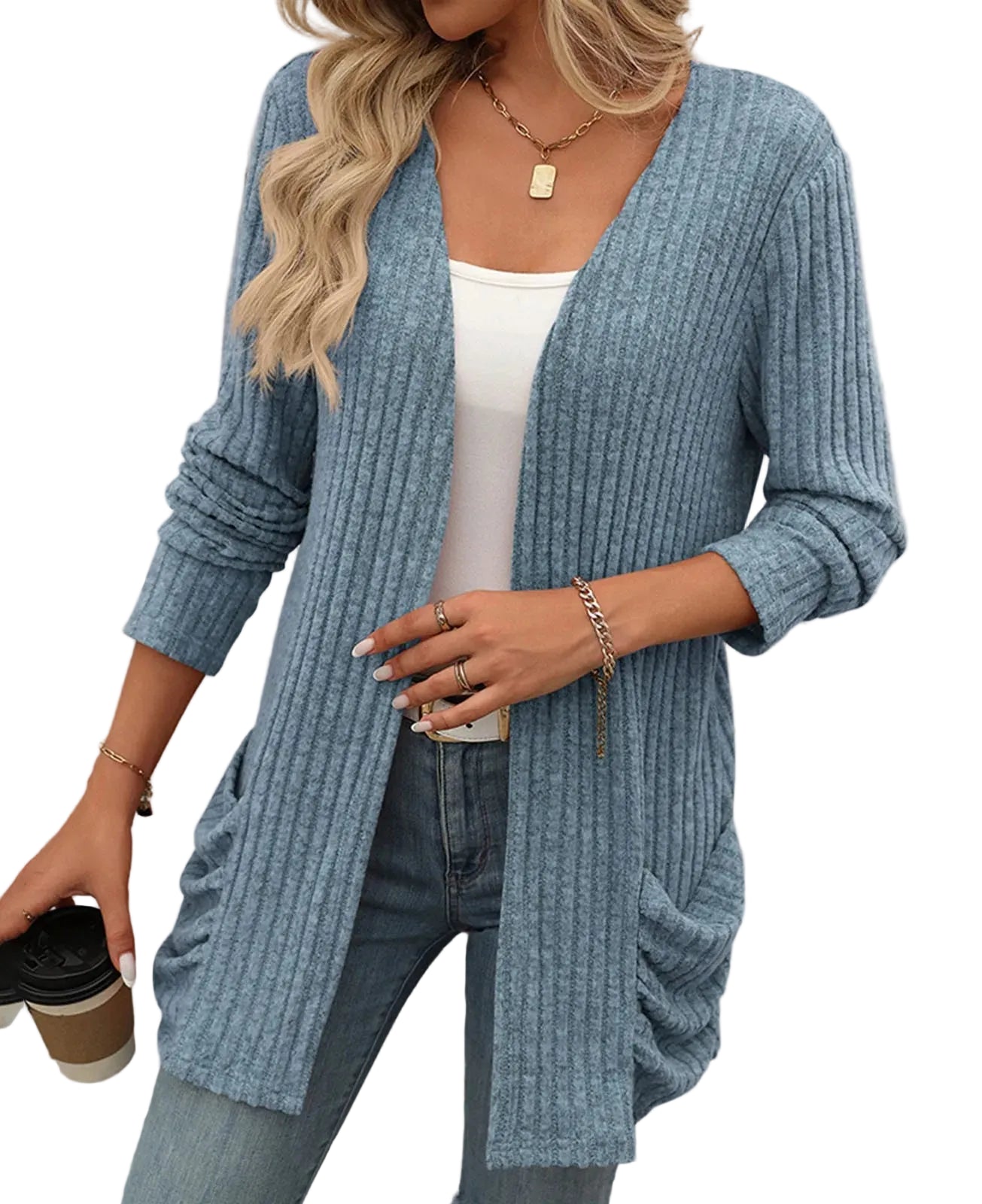 Women's Open Front Knit Cardigan with Pockets and Relaxed Longline Fit