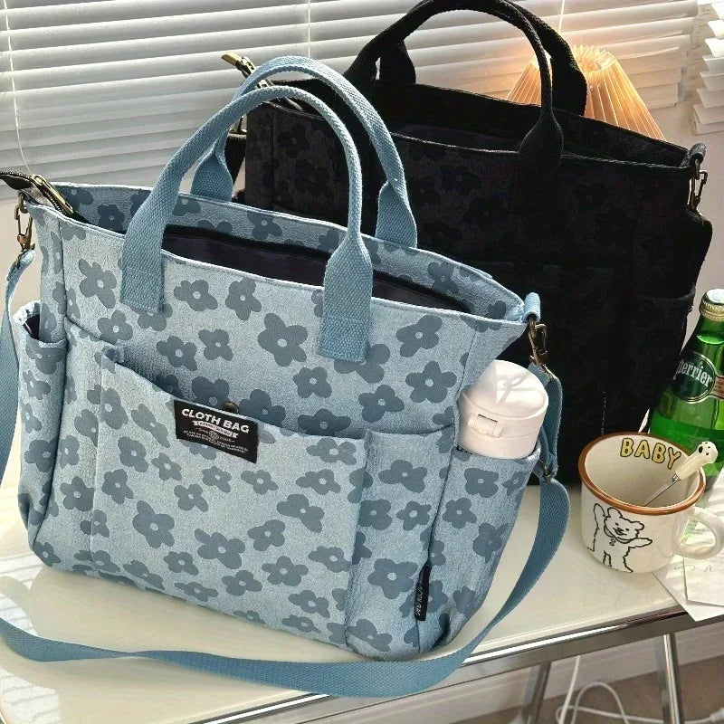 Textured Floral Pattern Utility Tote Bag with Multi Pocket Storage