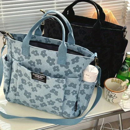 Textured Floral Pattern Utility Tote Bag with Multi Pocket Storage