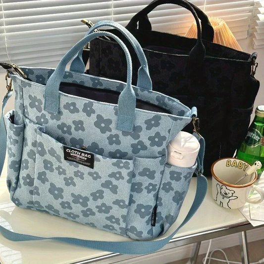 Textured Floral Pattern Utility Tote Bag with Multi Pocket Storage