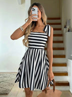 Tie Shoulder Striped A-Line Mini Dress with Square Neck Design