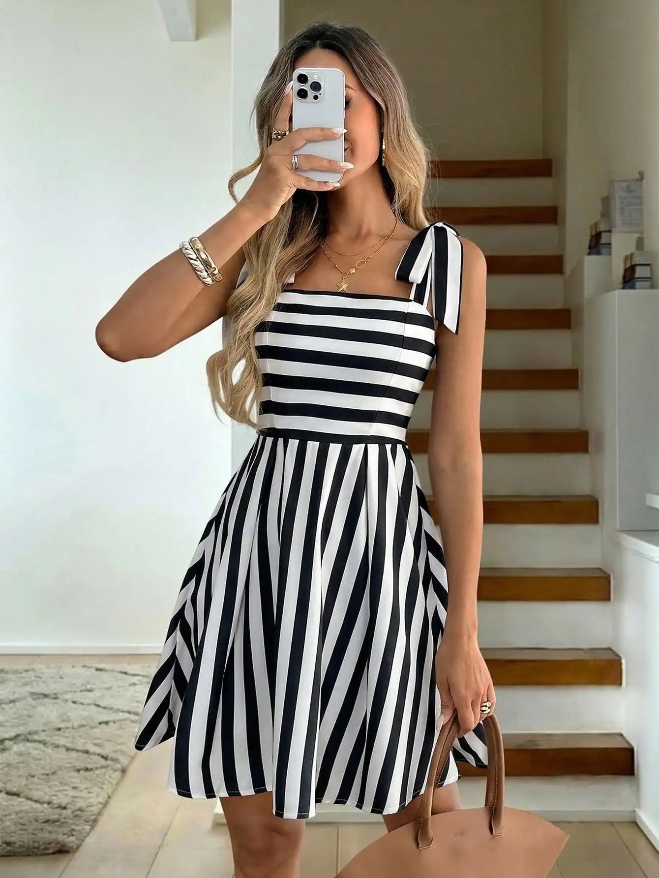 Tie Shoulder Striped A-Line Mini Dress with Square Neck Design