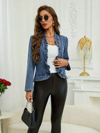 Women's Cropped Ruffle Trim Denim Jacket with Modern Slim Fit Silhouette