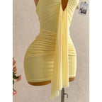 Ruched Halter Neck Mini Dress with Ribbon Tie Detail and Body Skimming Fit