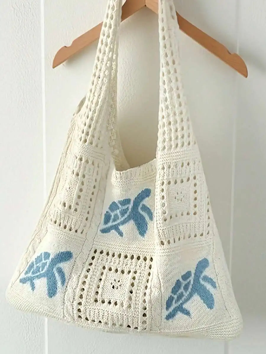 Crochet Knit Beach Tote Bag with Embroidered Coastal Inspired Pattern