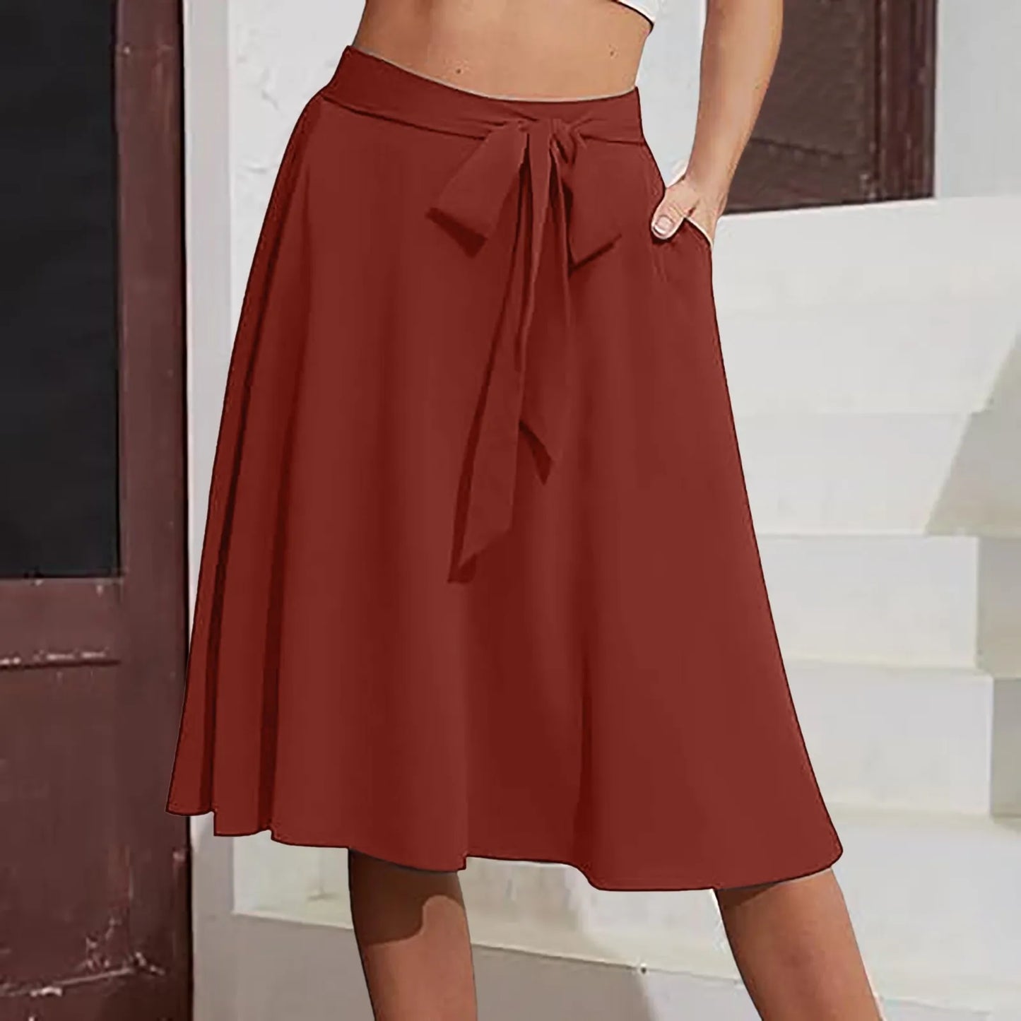 High Waist Lace-Up A-Line Midi Skirt with Pockets Casual Contemporary Everyday Style