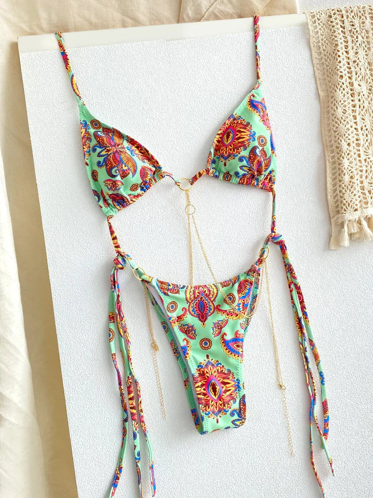 Vintage-Inspired Warm Floral Print Triangle String Bikini