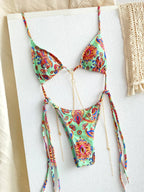 Vintage-Inspired Warm Floral Print Triangle String Bikini