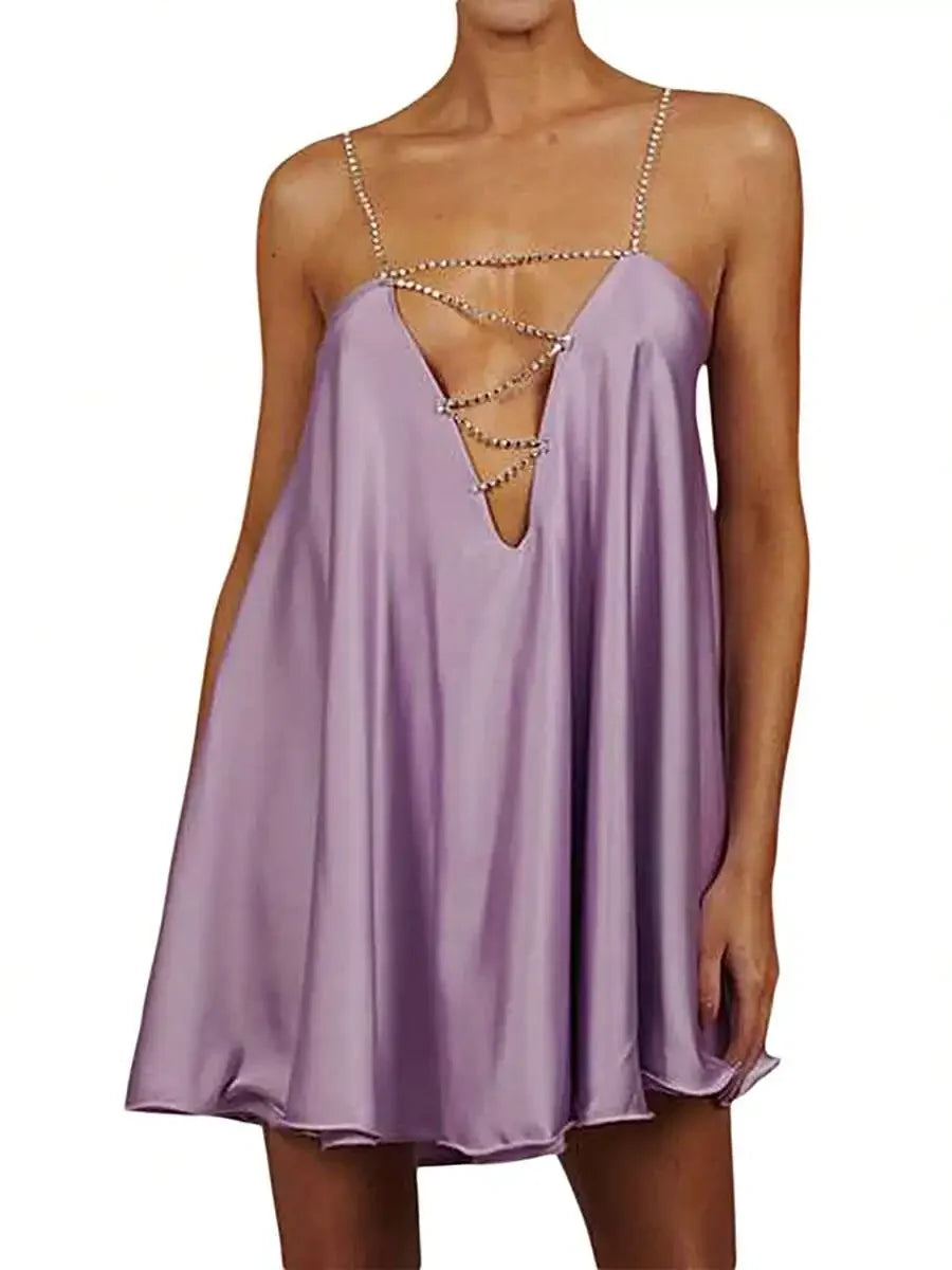 Chain Strap Satin Mini Dress with Draped A-Line Streetwear Silhouette