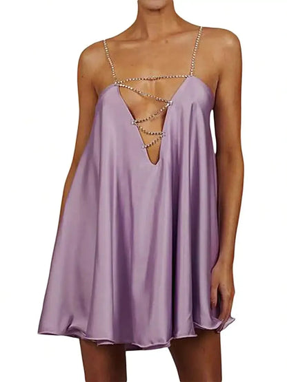 Chain Strap Satin Mini Dress with Draped A-Line Streetwear Silhouette