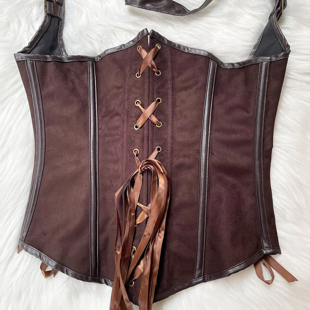 Vintage-Inspired Brown Suede Underbust Corset with Halter Strap and Metal Buckles