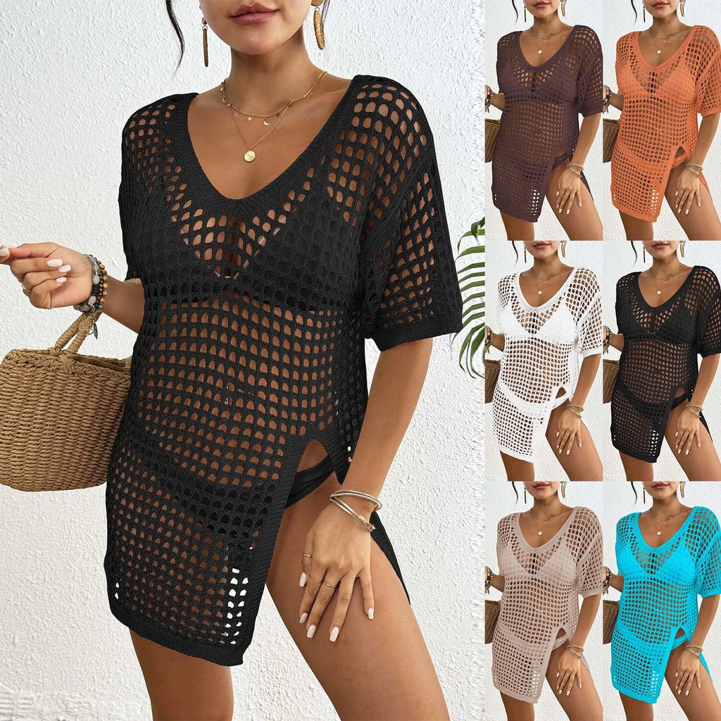 White Open-Knit Crochet Beach Cover-Up Dress with Short Sleeves, Hollow-Out Detailing and Relaxed Mini Tunic Silhouette