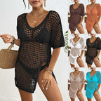 White Open-Knit Crochet Beach Cover-Up Dress with Short Sleeves, Hollow-Out Detailing and Relaxed Mini Tunic Silhouette