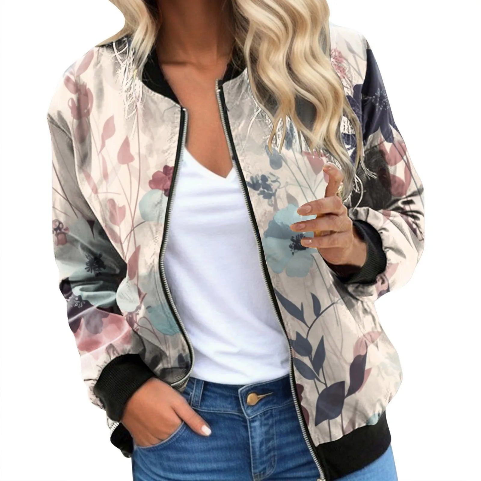 Women's Floral Print Zip-Up Bomber Jacket with Relaxed Contemporary Streetwear Short Fit