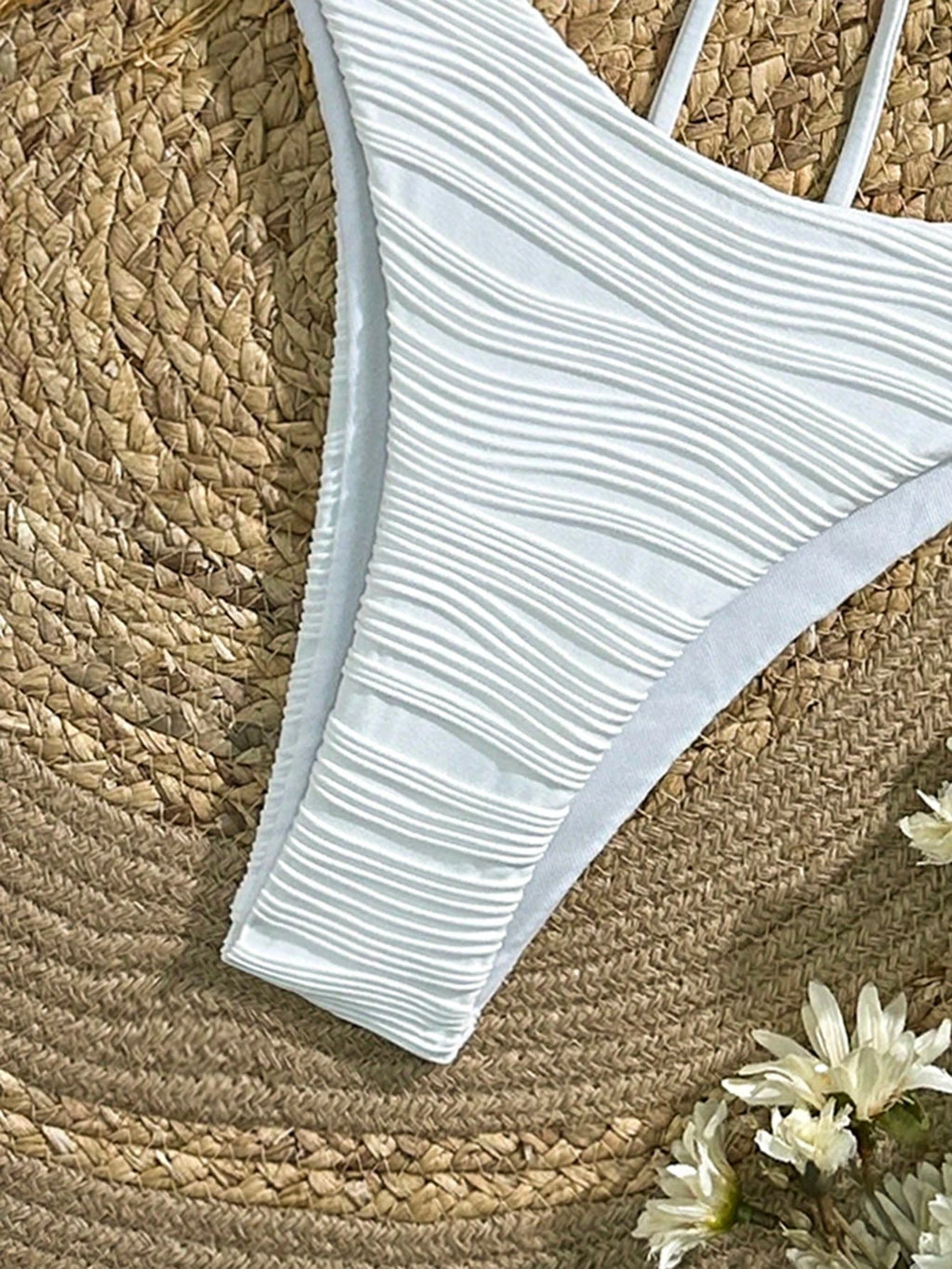 Textured Crisp White V-Neck Bikini Set with Criss-Cross Back Detailing