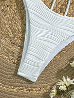 Textured Crisp White V-Neck Bikini Set with Criss-Cross Back Detailing