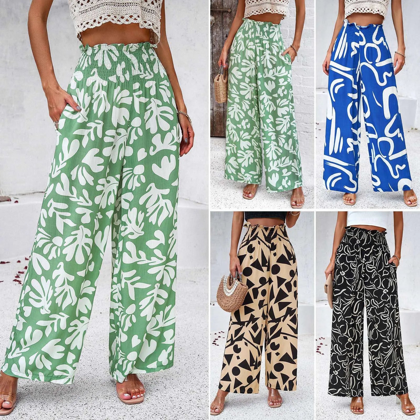 Women's High Waist Wide Leg Printed Casual Trousers with Relaxed Everyday Fit