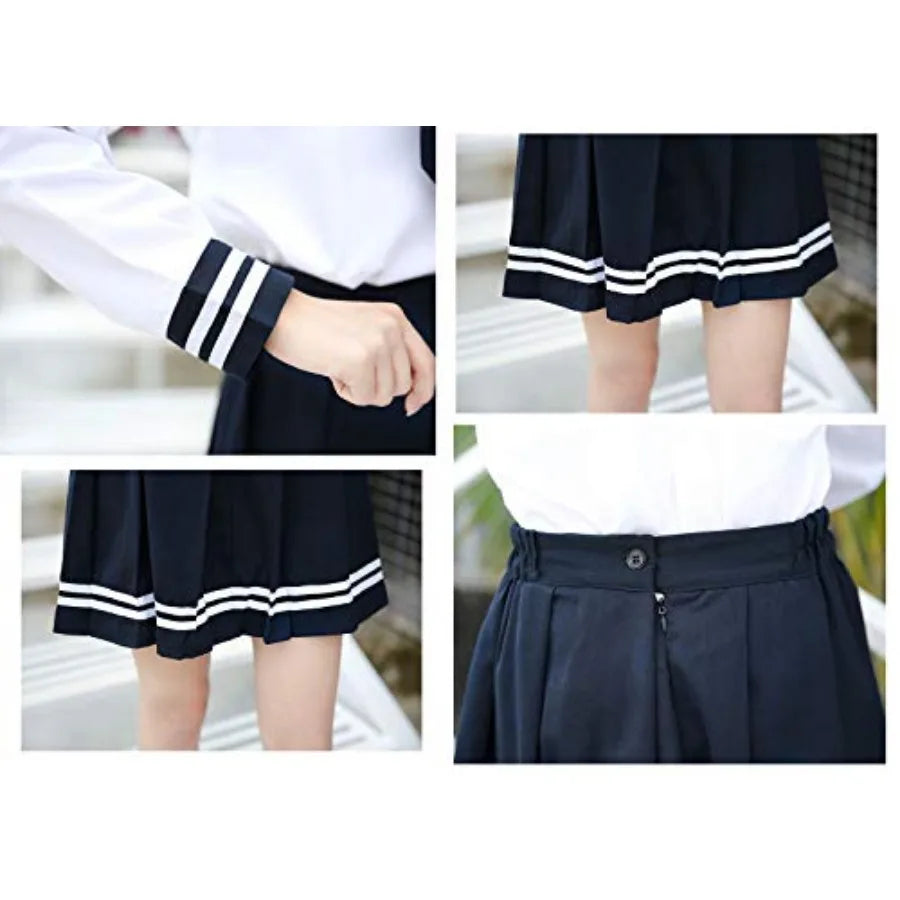 Women's Sailor-Inspired Pleated Uniform Set with Long Sleeve Top, Neck Scarf and Socks