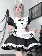 Women's Lace Trim Maid-Inspired Mini Dress with Apron and Puff Sleeve Design