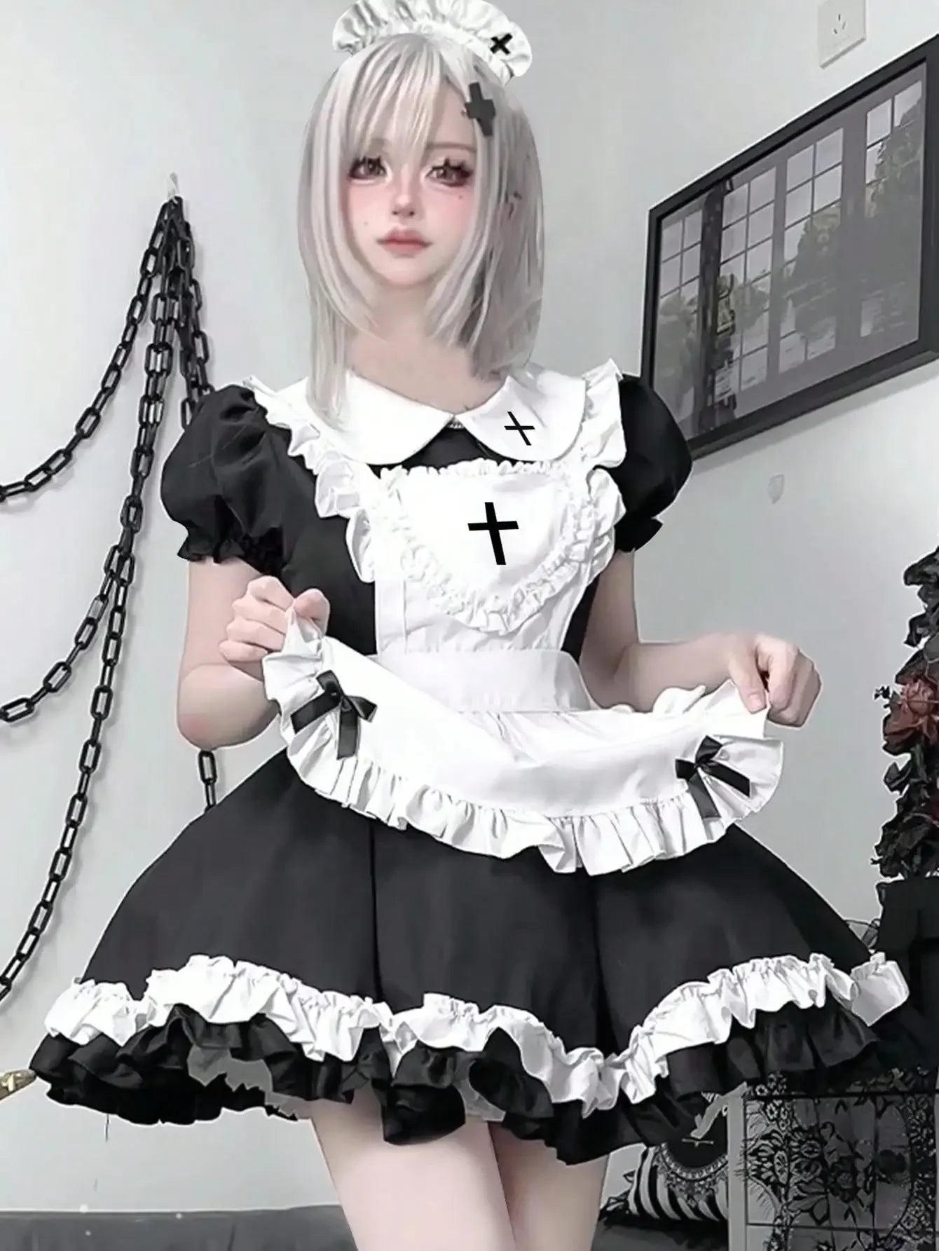Women's Lace Trim Maid-Inspired Mini Dress with Apron and Puff Sleeve Design