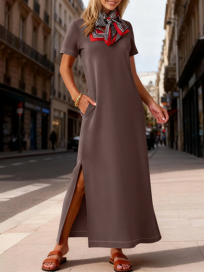 Relaxed Crew Neck Maxi Dress with Side Slits and Functional Pockets