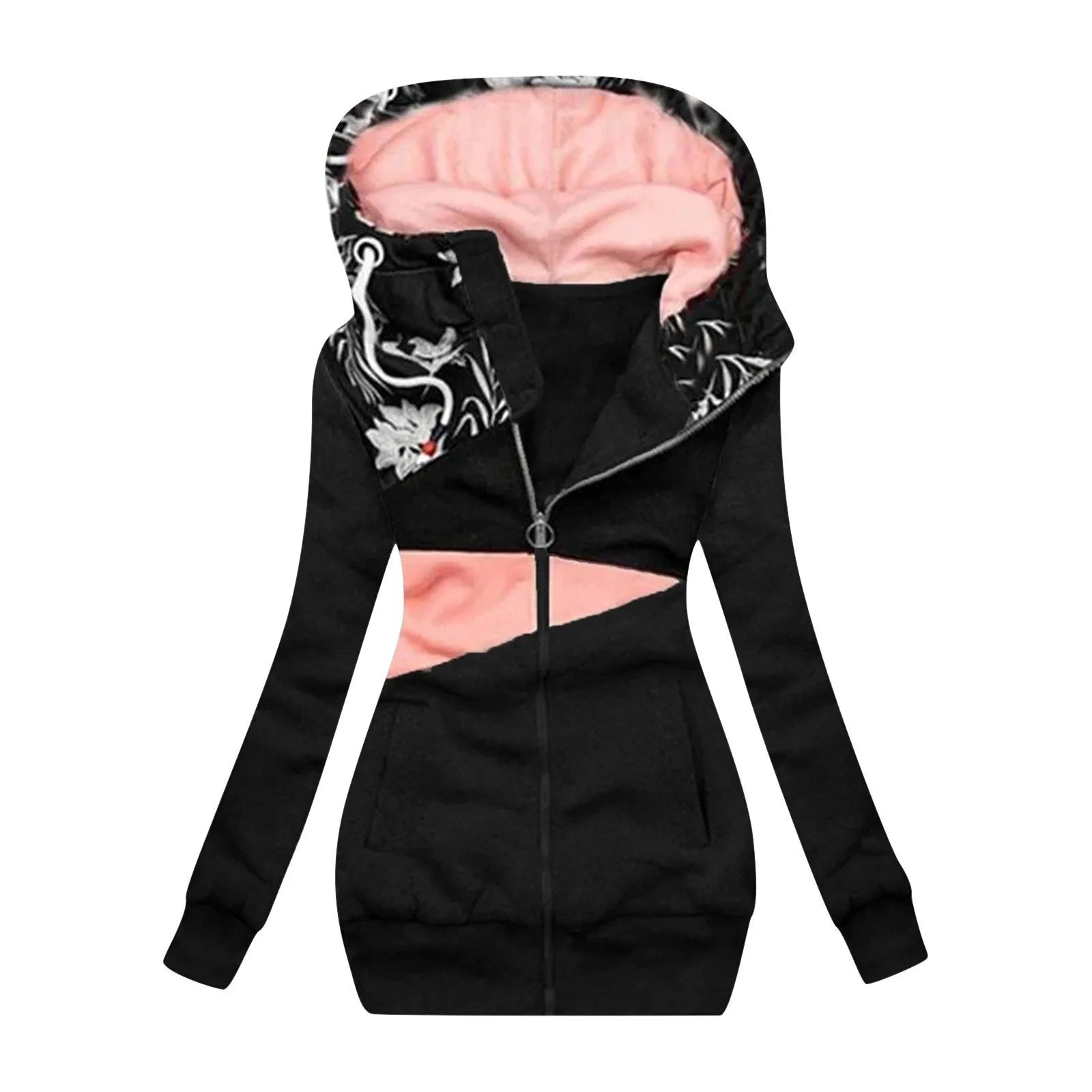 Women's Hooded Zip-Up Jacket with Patchwork Graphic Relaxed Streetwear Everyday Style