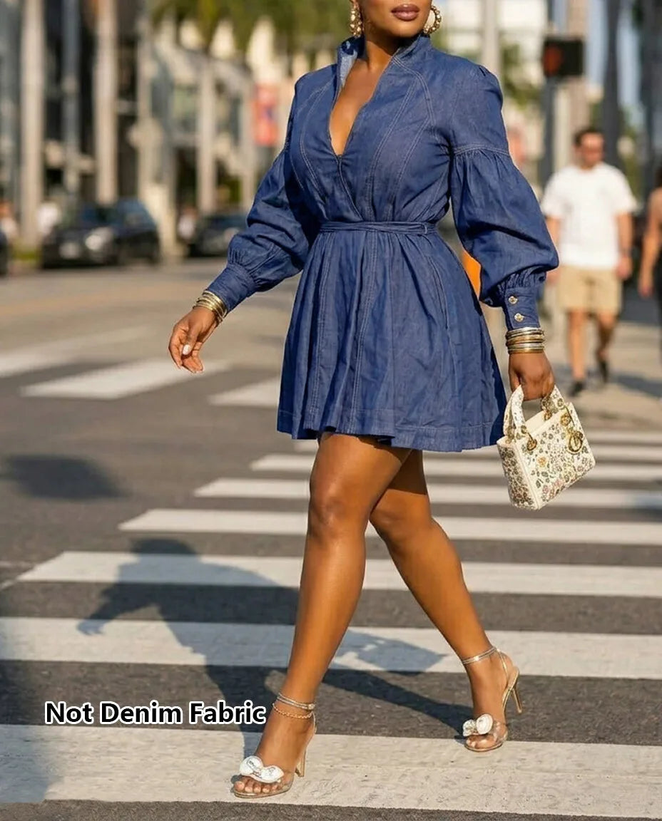 Chic Blue Chambray-Style Mini Dress with Voluminous Puff Sleeves