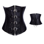 High-Shine Black Faux Leather Underbust Corset with Zipper and Buckles