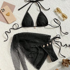 Earthy Textured Three-Piece Triangle Bikini Set with Cowrie Shell Accents and Net Skirt