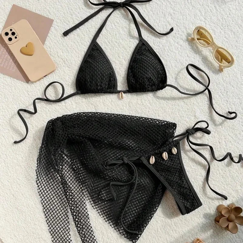 Earthy Textured Three-Piece Triangle Bikini Set with Cowrie Shell Accents and Net Skirt